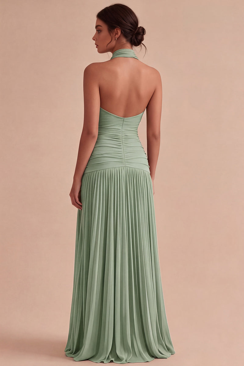Laden Sie das Bild in den Galerie-Viewer, Dunkles Kaffee Halter Falten Langes A-Linien Rückenloses Festkleid