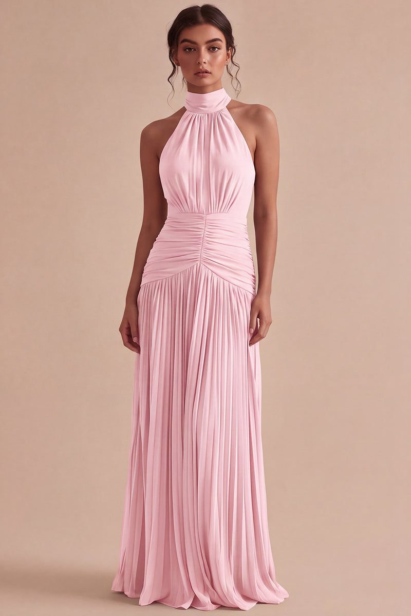 Laden Sie das Bild in den Galerie-Viewer, Dunkles Kaffee Halter Falten Langes A-Linien Rückenloses Festkleid
