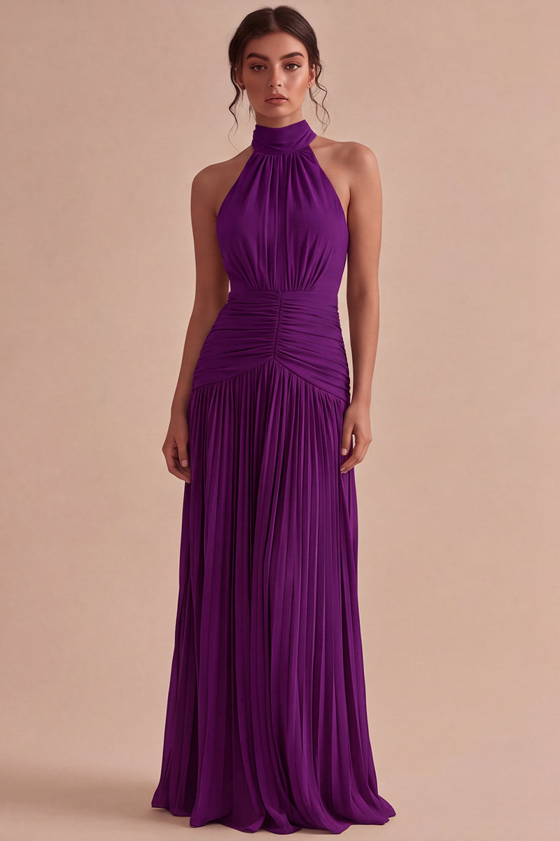 Laden Sie das Bild in den Galerie-Viewer, Dunkles Kaffee Halter Falten Langes A-Linien Rückenloses Festkleid