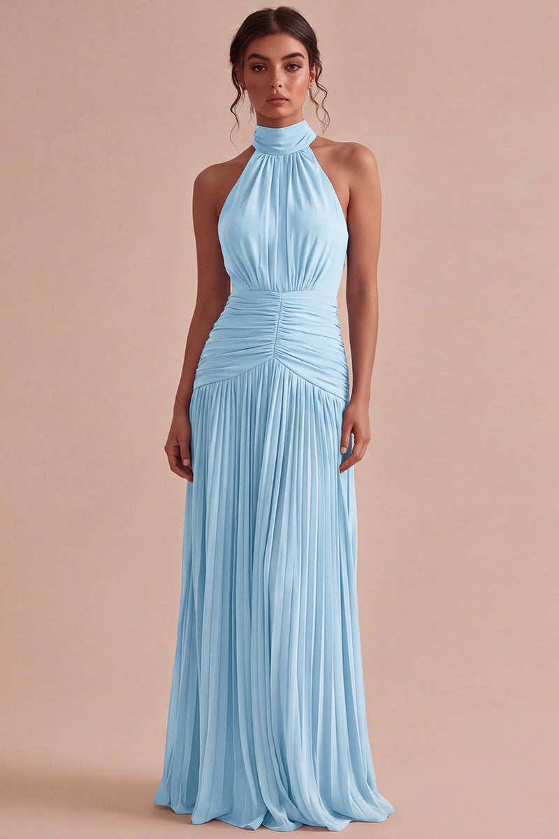 Laden Sie das Bild in den Galerie-Viewer, Dunkles Kaffee Halter Falten Langes A-Linien Rückenloses Festkleid