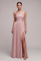 Laden Sie das Bild in den Galerie-Viewer, Dusty Rose Ein-Schulter Falten-Linien-langes Festkleid mit Schlitz