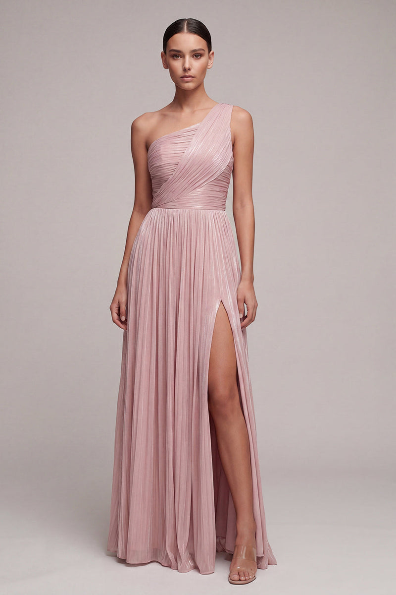 Laden Sie das Bild in den Galerie-Viewer, Dusty Rose Ein-Schulter Falten-Linien-langes Festkleid mit Schlitz