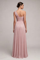 Laden Sie das Bild in den Galerie-Viewer, Dusty Rose Ein-Schulter Falten-Linien-langes Festkleid mit Schlitz