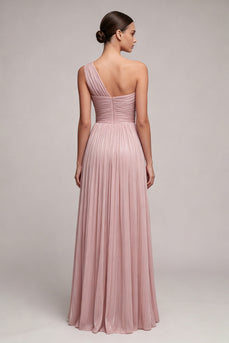Dusty Rose Ein-Schulter Falten-Linien-langes Festkleid mit Schlitz