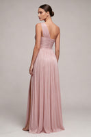 Laden Sie das Bild in den Galerie-Viewer, Dusty Rose Ein-Schulter Falten-Linien-langes Festkleid mit Schlitz