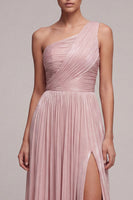 Laden Sie das Bild in den Galerie-Viewer, Dusty Rose Ein-Schulter Falten-Linien-langes Festkleid mit Schlitz