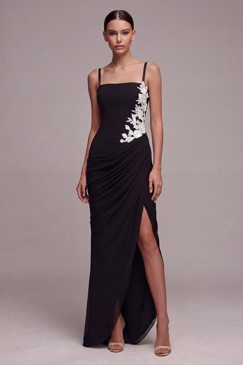 Laden Sie das Bild in den Galerie-Viewer, Schwarzes, quadratisches Blumen-Meerjungfrauen-Langes Festkleid mit Schlitz