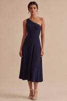 Laden Sie das Bild in den Galerie-Viewer, Marineblau mit einer Schulter A-Linie langes Festkleid