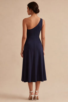 Marineblau mit einer Schulter A-Linie langes Festkleid