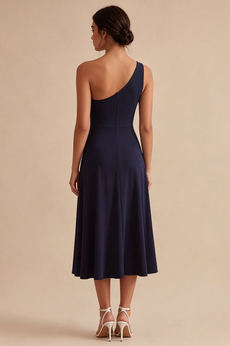 Laden Sie das Bild in den Galerie-Viewer, Marineblau mit einer Schulter A-Linie langes Festkleid
