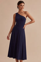 Laden Sie das Bild in den Galerie-Viewer, Marineblau mit einer Schulter A-Linie langes Festkleid