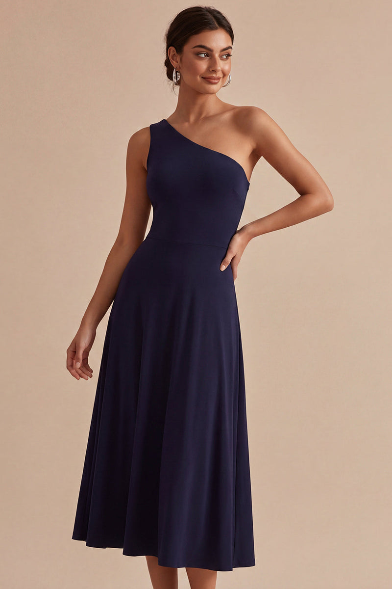 Laden Sie das Bild in den Galerie-Viewer, Marineblau mit einer Schulter A-Linie langes Festkleid