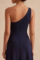 Laden Sie das Bild in den Galerie-Viewer, Marineblau mit einer Schulter A-Linie langes Festkleid