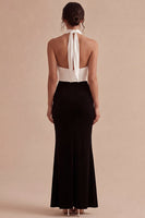 Laden Sie das Bild in den Galerie-Viewer, Schwarz-weißes Halter-Schlüsselloch, rückenloses langes Meerjungfrauen-Festkleid mit Schlitz
