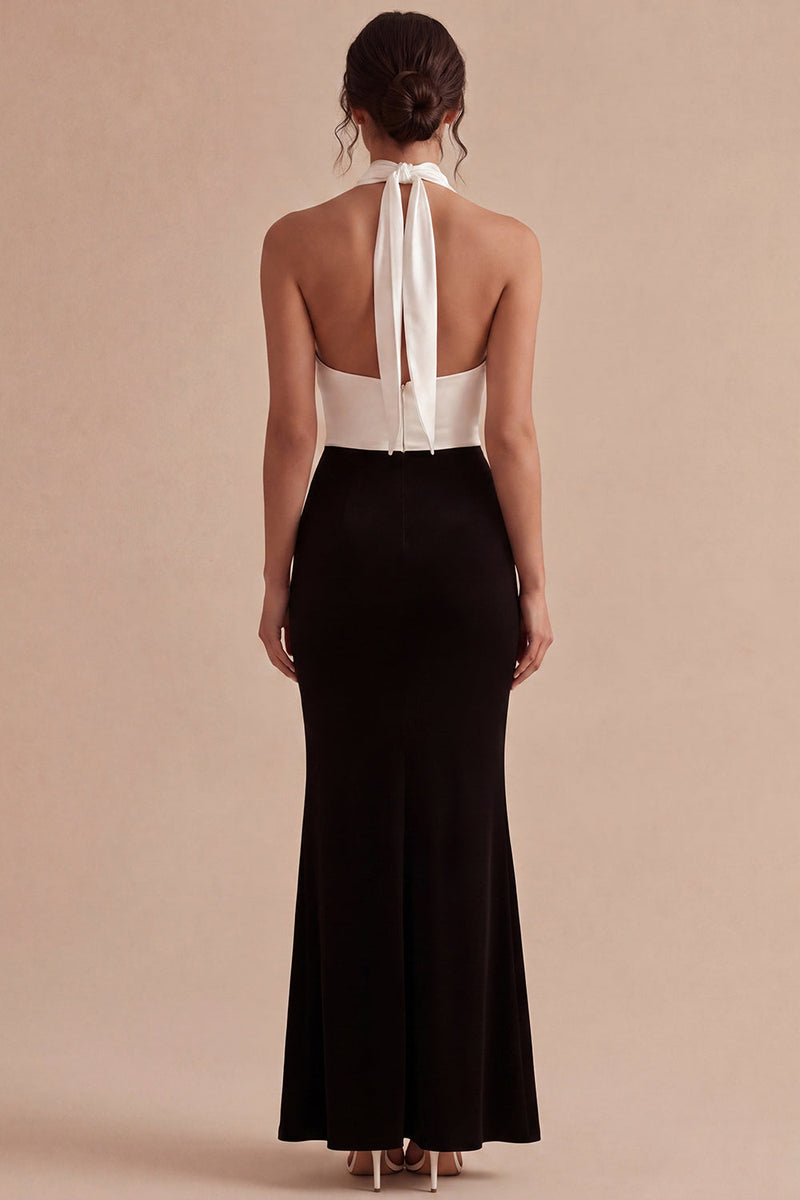Laden Sie das Bild in den Galerie-Viewer, Schwarz-weißes Halter-Schlüsselloch, rückenloses langes Meerjungfrauen-Festkleid mit Schlitz