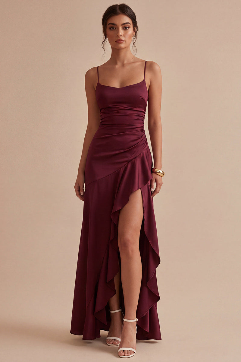 Laden Sie das Bild in den Galerie-Viewer, Burgunderrotes Spaghettiträger mit Rüschen Meerjungfrauen-Langes Festkleid mit Schlitz