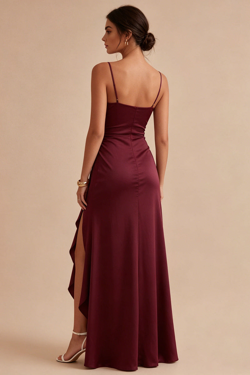 Laden Sie das Bild in den Galerie-Viewer, Burgunderrotes Spaghettiträger mit Rüschen Meerjungfrauen-Langes Festkleid mit Schlitz