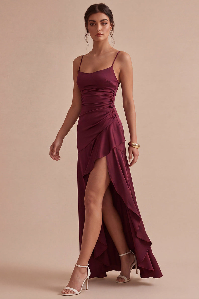 Laden Sie das Bild in den Galerie-Viewer, Burgunderrotes Spaghettiträger mit Rüschen Meerjungfrauen-Langes Festkleid mit Schlitz