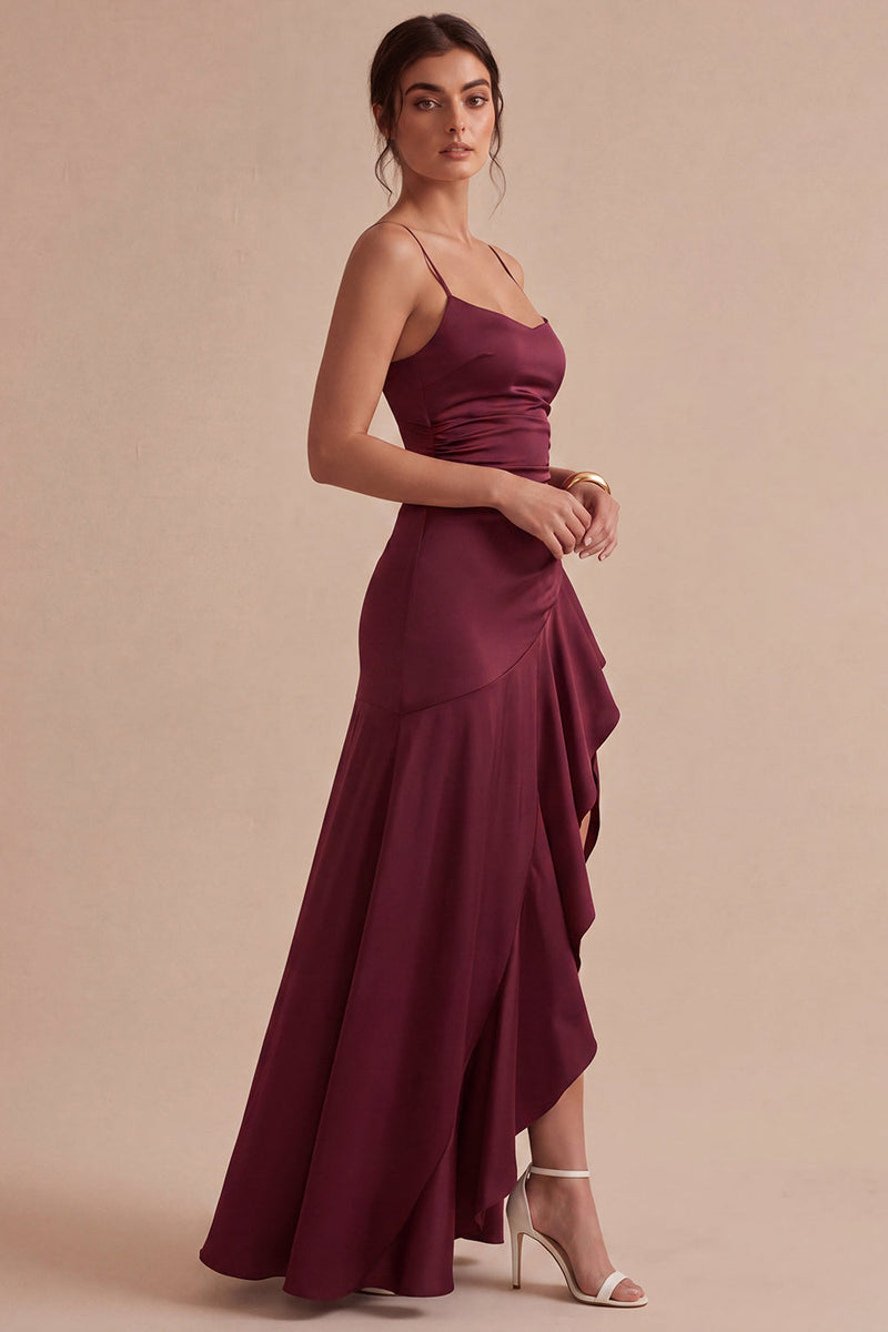 Laden Sie das Bild in den Galerie-Viewer, Burgunderrotes Spaghettiträger mit Rüschen Meerjungfrauen-Langes Festkleid mit Schlitz