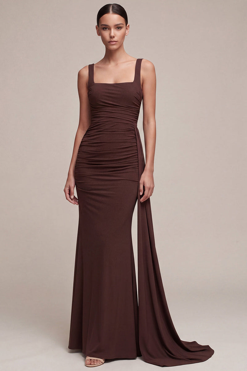 Laden Sie das Bild in den Galerie-Viewer, Braunes Meerjungfrauen-Formelkleid mit braunem quadratischem Ausschnitt und Seitenumhang
