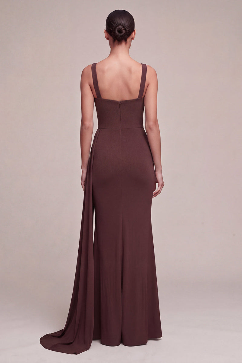 Laden Sie das Bild in den Galerie-Viewer, Braunes Meerjungfrauen-Formelkleid mit braunem quadratischem Ausschnitt und Seitenumhang
