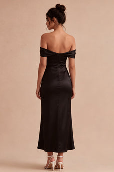Schwarzes, schulterloses Meerjungfrauen-Satin-Lange Festkleid