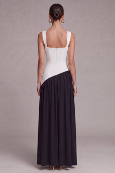 Schwarz-Weiß-Colorblock-Korsett, quadrathalsiges Festliches Kleid mit Schlitz