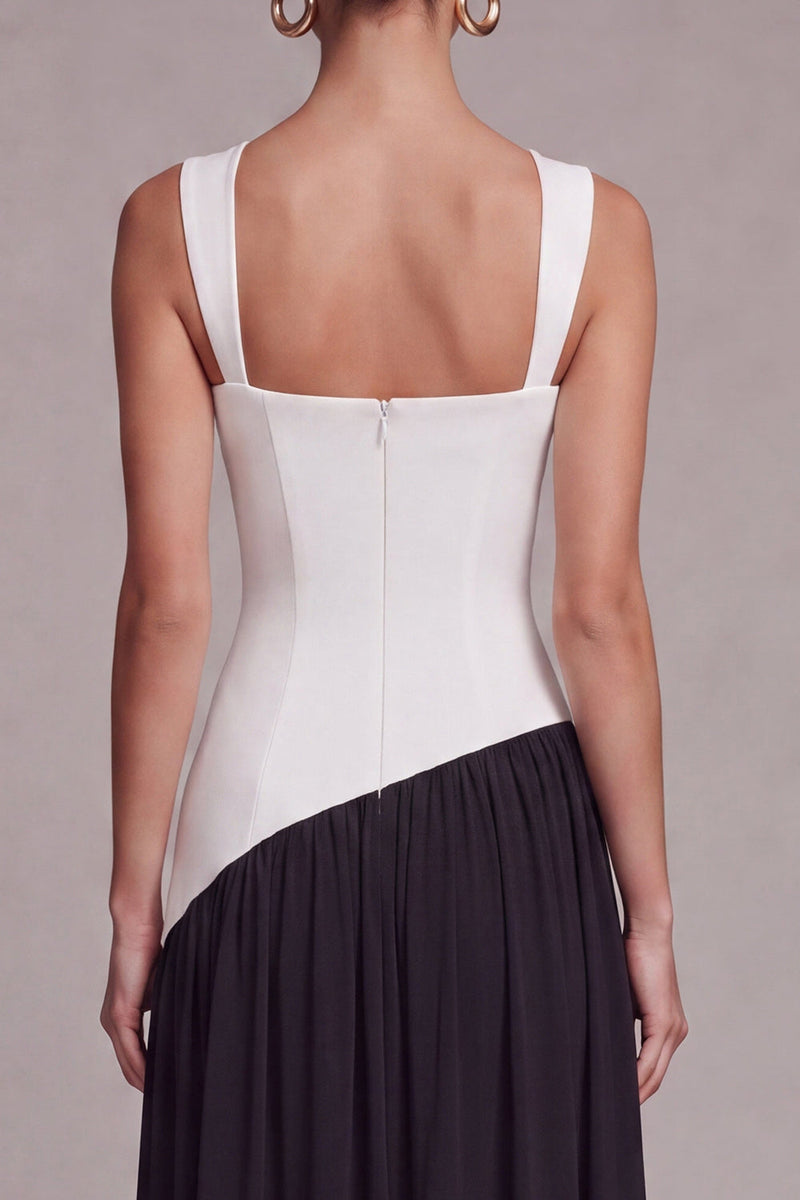 Laden Sie das Bild in den Galerie-Viewer, Schwarz-Weiß-Colorblock-Korsett, quadrathalsiges Festliches Kleid mit Schlitz