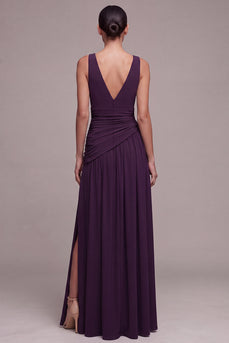 Pflaumen A-Linie V-Ausschnitt Formelle Festkleid mit Reißstein