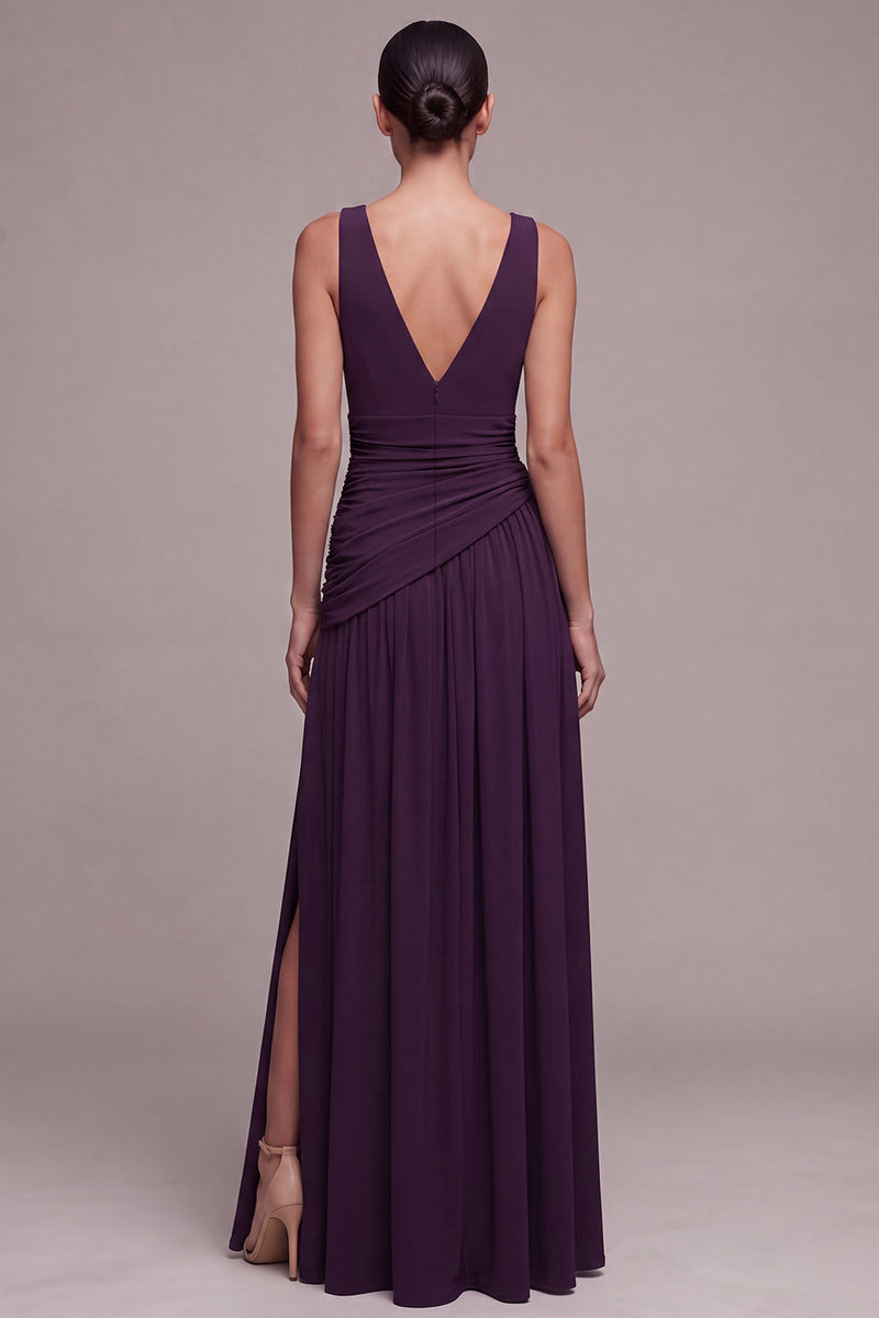 Laden Sie das Bild in den Galerie-Viewer, Pflaumen A-Linie V-Ausschnitt Formelle Festkleid mit Reißstein