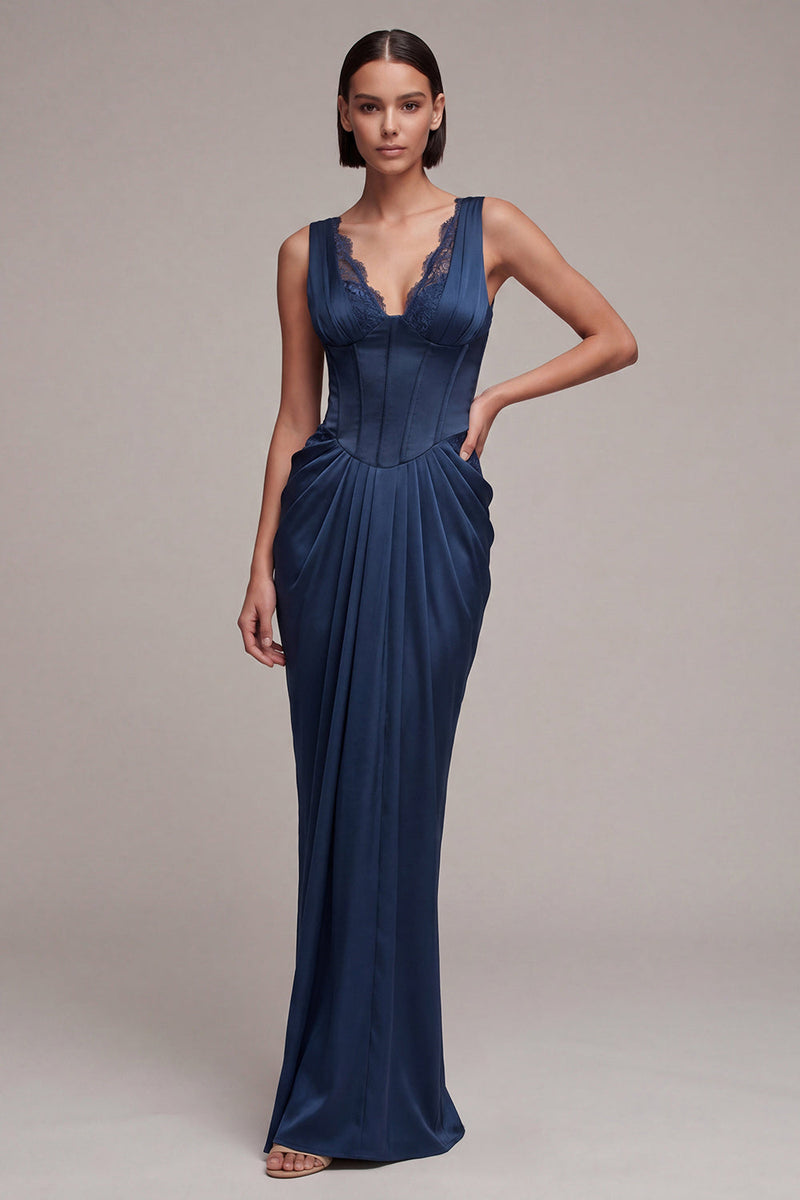 Laden Sie das Bild in den Galerie-Viewer, Marineblaues Meerjungfrauenkorsett Satin-Festkleid mit Spitze