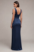 Laden Sie das Bild in den Galerie-Viewer, Marineblaues Meerjungfrauenkorsett Satin-Festkleid mit Spitze