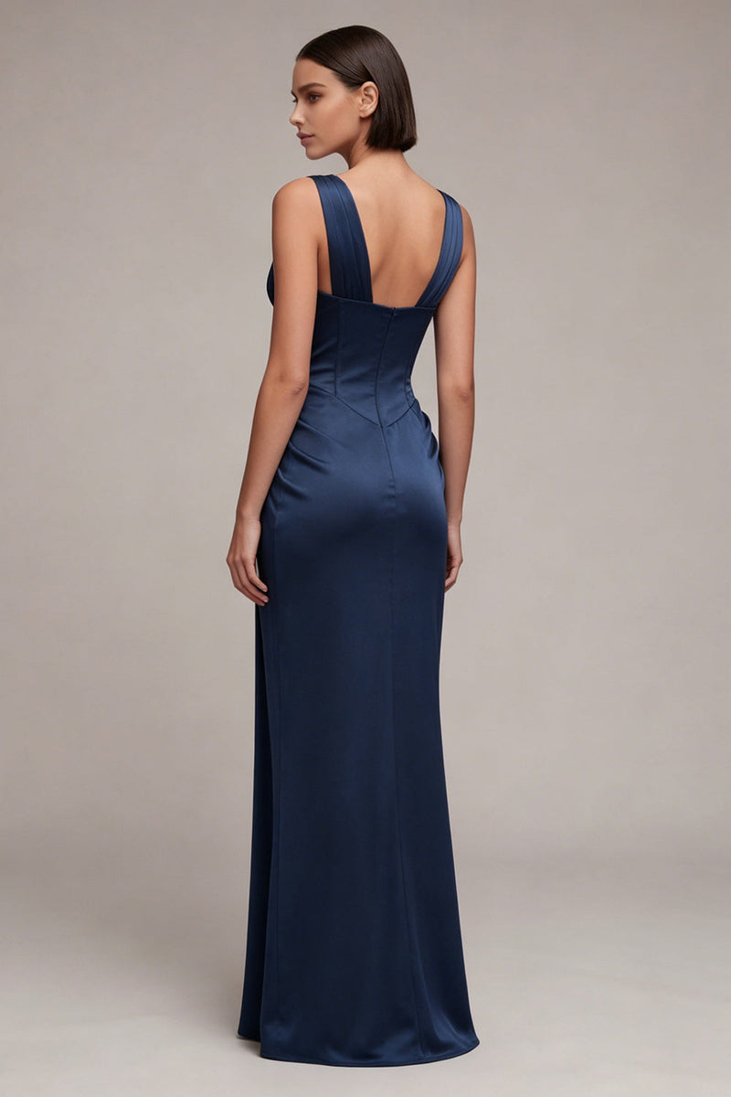 Laden Sie das Bild in den Galerie-Viewer, Marineblaues Meerjungfrauenkorsett Satin-Festkleid mit Spitze