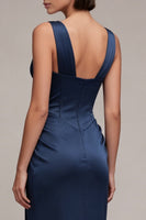 Laden Sie das Bild in den Galerie-Viewer, Marineblaues Meerjungfrauenkorsett Satin-Festkleid mit Spitze