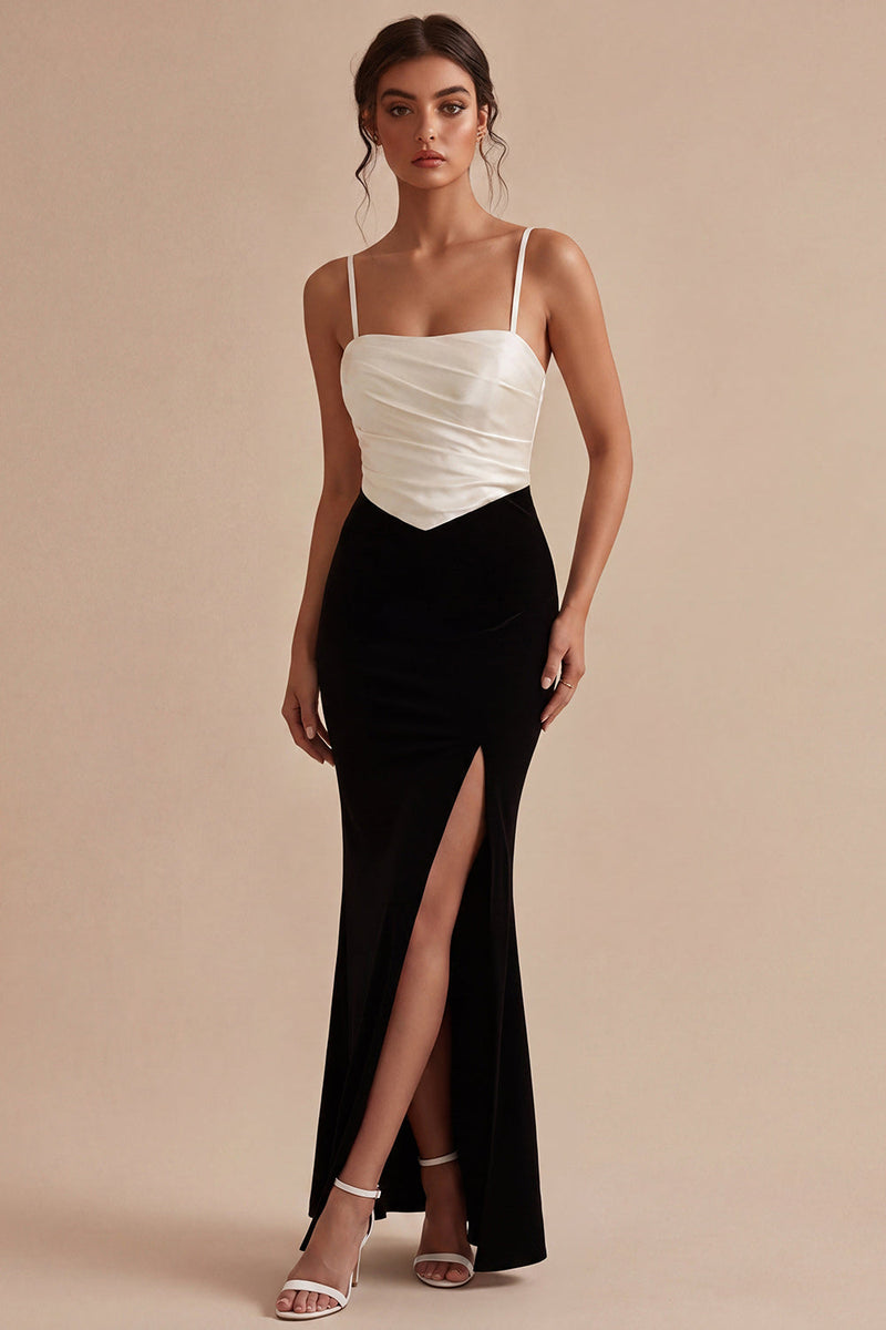 Laden Sie das Bild in den Galerie-Viewer, Meerjungfrauen-Schwarz-Weiß Spaghettiträger Festliches Kleid mit Schlitz