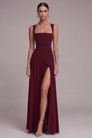 Laden Sie das Bild in den Galerie-Viewer, Schwarzes Quadrathals Langes Festkleid mit Schlitz