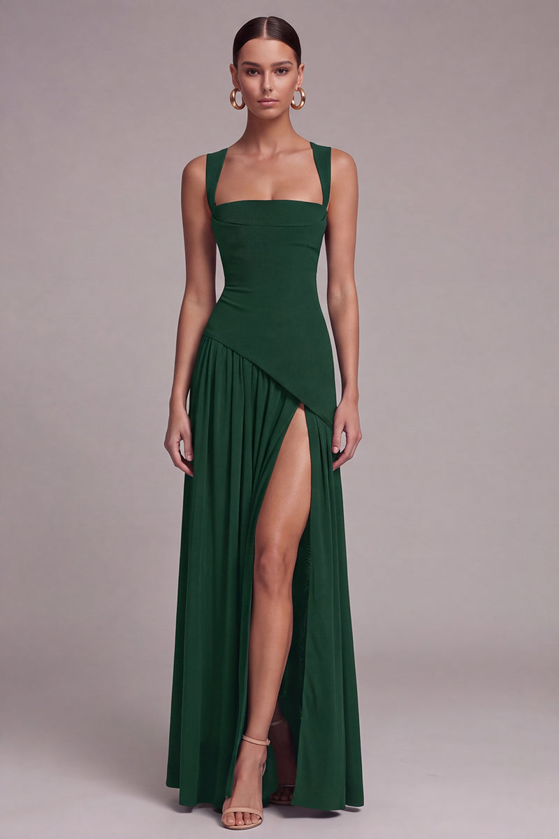 Laden Sie das Bild in den Galerie-Viewer, Schwarzes Quadrathals Langes Festkleid mit Schlitz