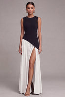 Laden Sie das Bild in den Galerie-Viewer, Schwarz-weißes Rundhals-Festkleid mit langer Scheide und Schlitz