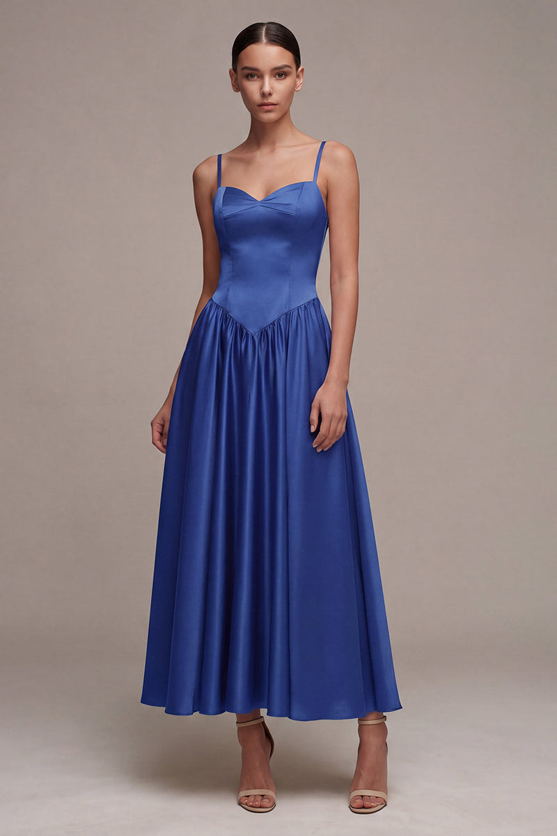 Laden Sie das Bild in den Galerie-Viewer, Königsblaue Spaghettiträger Baskische Taille A-Linie langes Festkleid