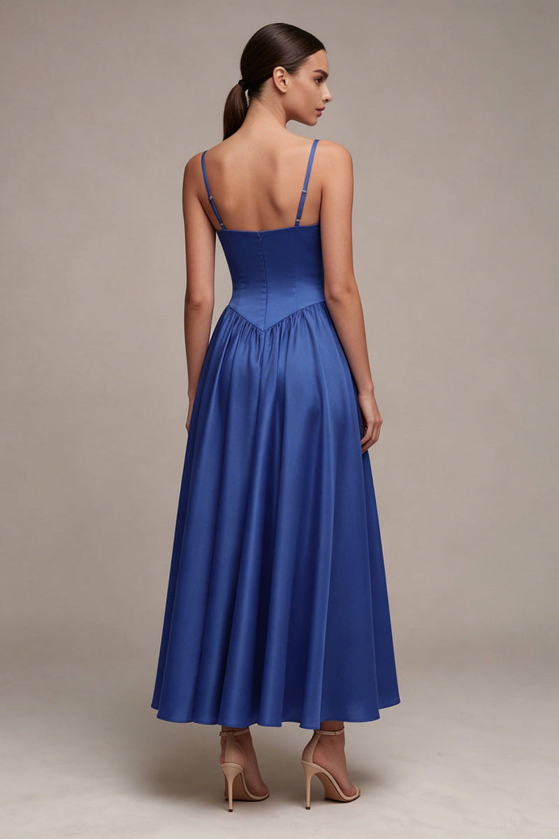Laden Sie das Bild in den Galerie-Viewer, Königsblaue Spaghettiträger Baskische Taille A-Linie langes Festkleid