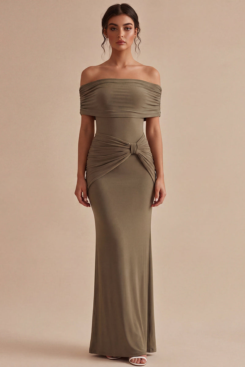 Laden Sie das Bild in den Galerie-Viewer, Khaki Schulterloses Meerjungfrauen-Zerrafftes langes Festkleid