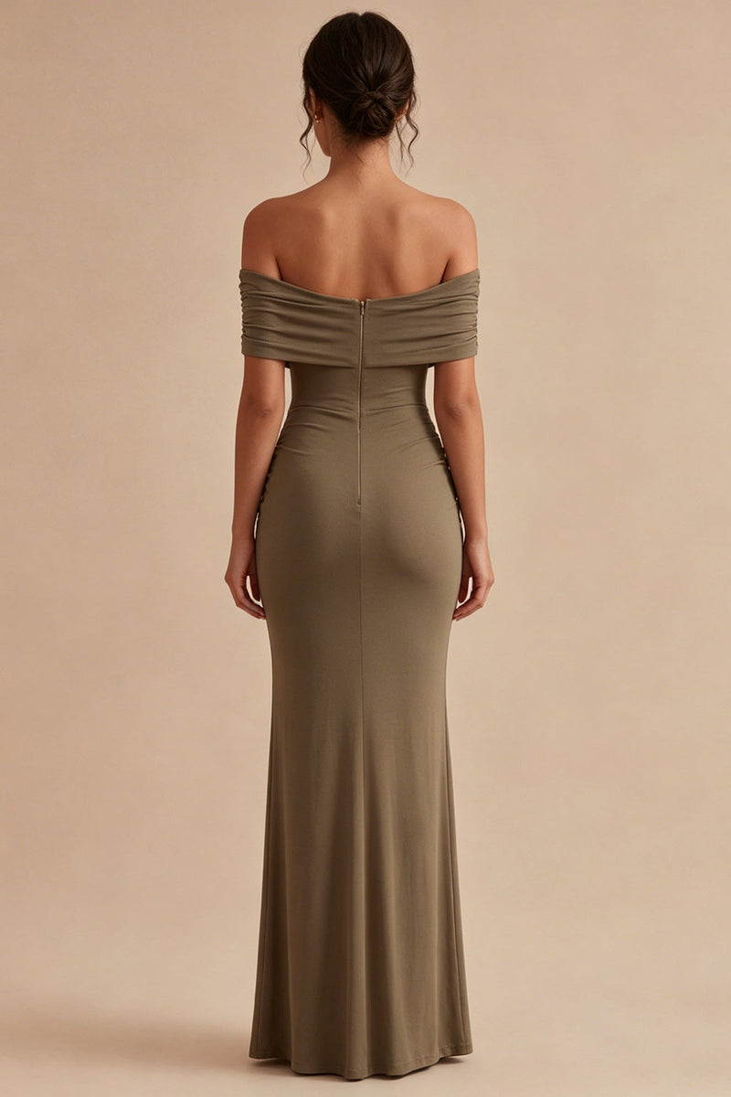 Laden Sie das Bild in den Galerie-Viewer, Khaki Schulterloses Meerjungfrauen-Zerrafftes langes Festkleid