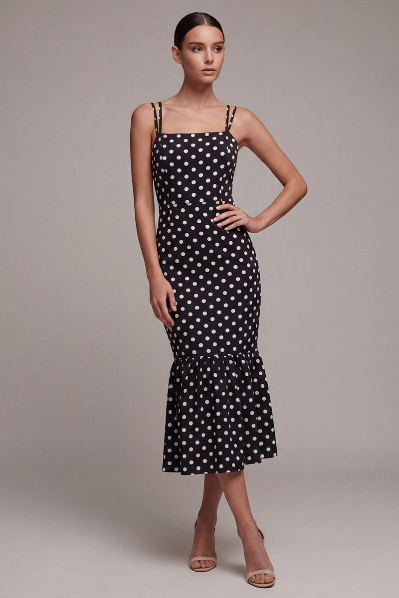 Laden Sie das Bild in den Galerie-Viewer, Schwarz-weißes Meerjungfrauen-Spaghetti-Träger Midi-Polka-Dots-Kleid