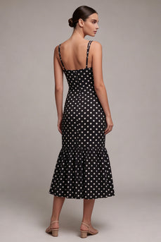 Schwarz-weißes Meerjungfrauen Spaghetti-Träger Midi Polka-Dots-Kleid