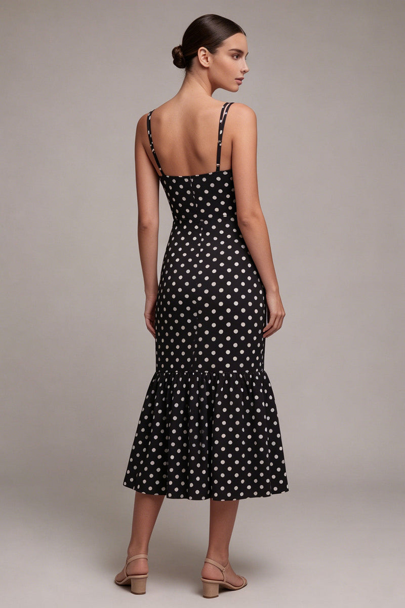 Laden Sie das Bild in den Galerie-Viewer, Schwarz-weißes Meerjungfrauen-Spaghetti-Träger Midi-Polka-Dots-Kleid