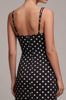 Laden Sie das Bild in den Galerie-Viewer, Schwarz-weißes Meerjungfrauen-Spaghetti-Träger Midi-Polka-Dots-Kleid