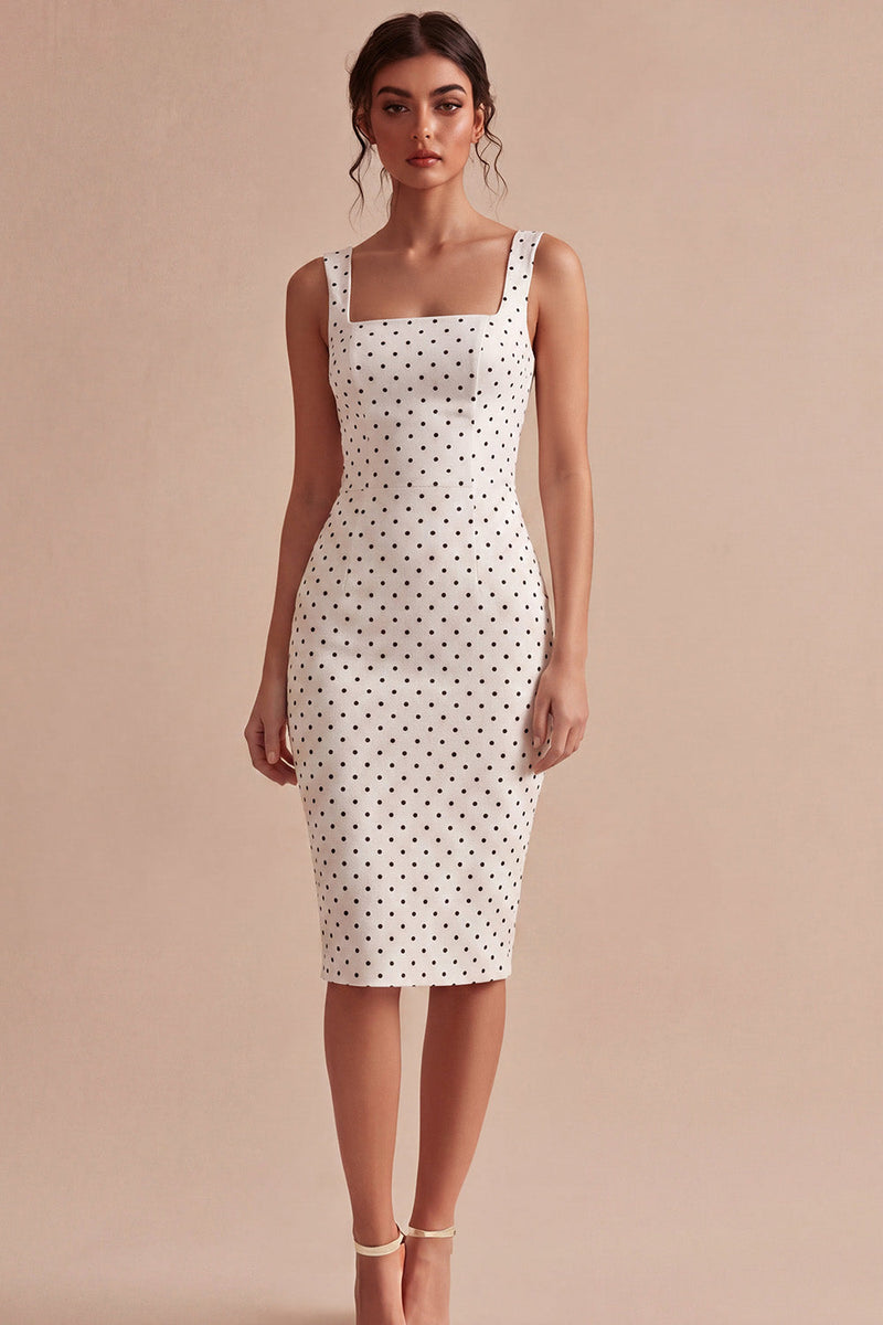 Laden Sie das Bild in den Galerie-Viewer, Weiß-schwarzes Quadrathals-Bodycon-Midi-Polkadots-Kleid