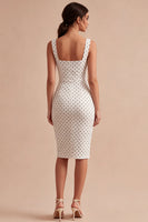 Laden Sie das Bild in den Galerie-Viewer, Weiß-schwarzes Quadrathals-Bodycon-Midi-Polkadots-Kleid