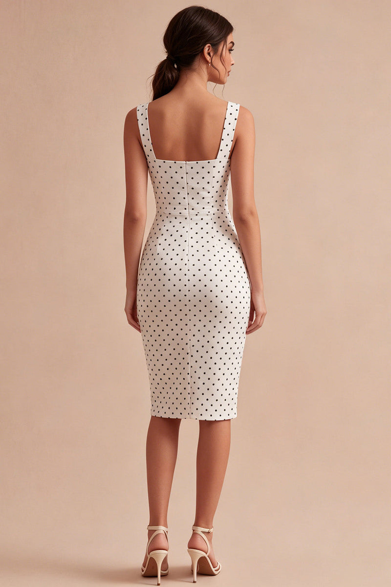 Laden Sie das Bild in den Galerie-Viewer, Weiß-schwarzes Quadrathals-Bodycon-Midi-Polkadots-Kleid