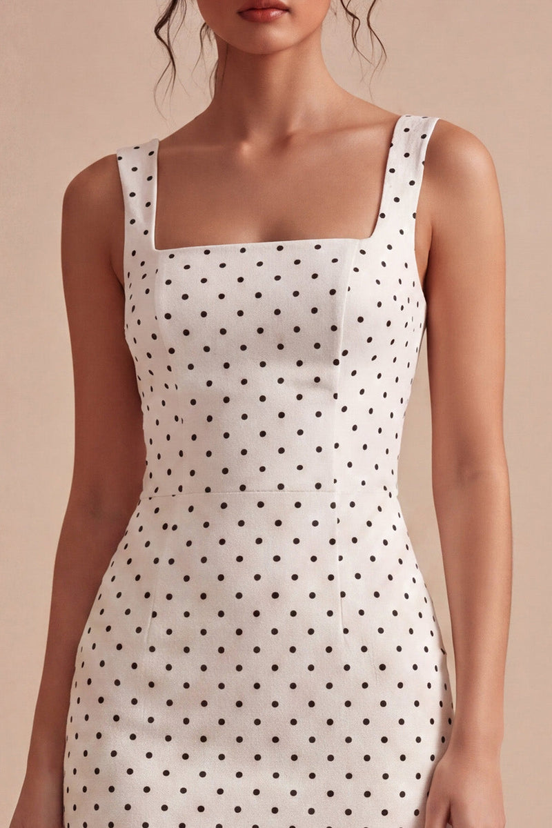 Laden Sie das Bild in den Galerie-Viewer, Weiß-schwarzes Quadrathals-Bodycon-Midi-Polkadots-Kleid